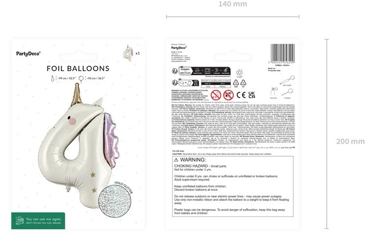 Balon foliowy Cyfra "4" Jednorożec 93cm FB359-4 PartyDeco